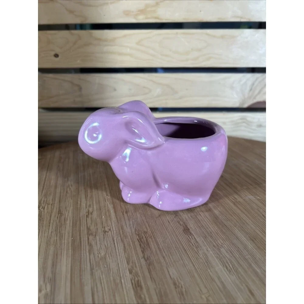 Easter Bunny Rabbit Pottery Planter Pink Glossy Candy trinket Bowl 3.5” X 5”